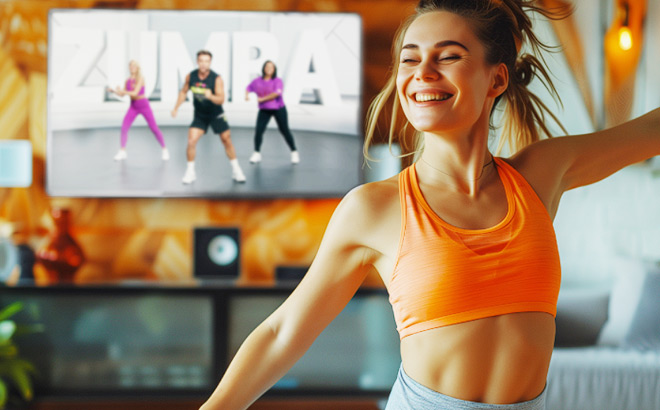 A Happy Woman Streaming Zumba Classes and Working Out