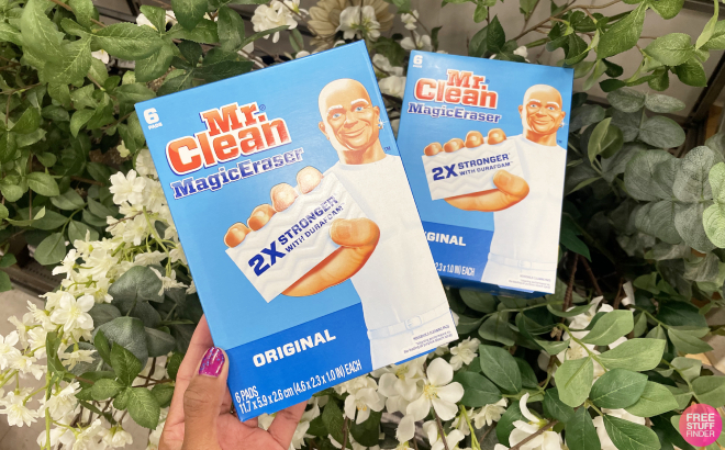 A PErson Holding a Box of Mr Clean Original Magic Eraser 6 Count Cleaning Pads