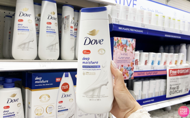 A Person Holding a Bottle of Dove Deep Moisture Body Wash