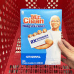 A Person Holding a Box of Mr Clean Original Magic Eraser 6 Count Cleaning Pads at Target