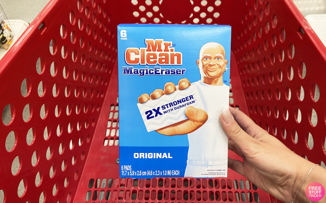 A Person Holding a Box of Mr Clean Original Magic Eraser 6 Count Cleaning Pads at Target