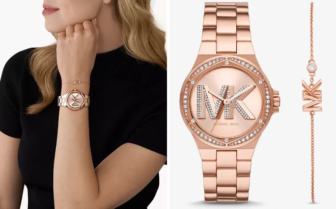 A Person Wearing Michael Kors Lennox Pave Logo Rose Gold Tone Watch and Bracelet Set