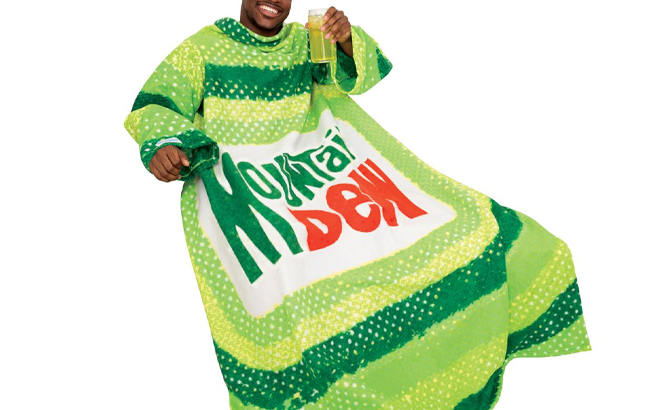 A Person Wearing the Snuggie Wearable Fleece Blanket with Sleeves Mountain Dew