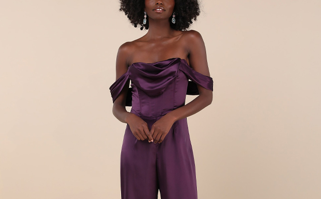 A Person wearing Lulus Satin Off the Shoulder Jumpsuit