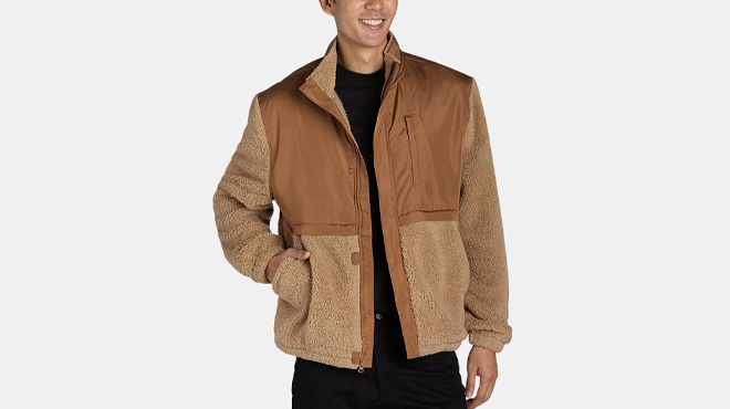 A Person wearing Mens High Pile Fleece and Nylon Zip Jacket in Metro Camel Color