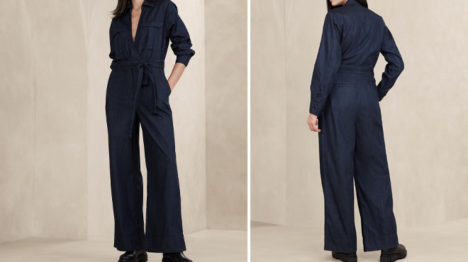 A Woman Wearing Banana Republic Factory Denim Jumpsuit