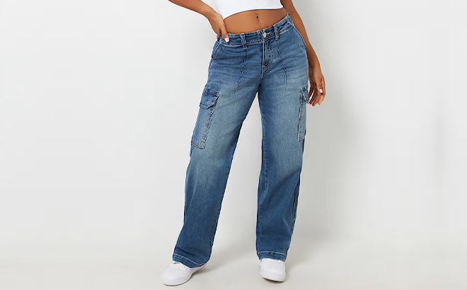 A Woman Wearing True Religion Baggy Cargo Straight Jeans