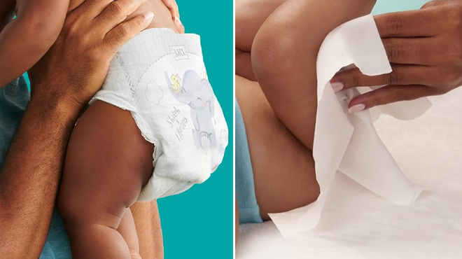 A baby wearing Pampers Diapers and cleaned with Wipes