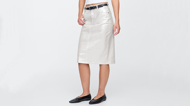 A person wearing a GAP Womens Denim Midi Skirt