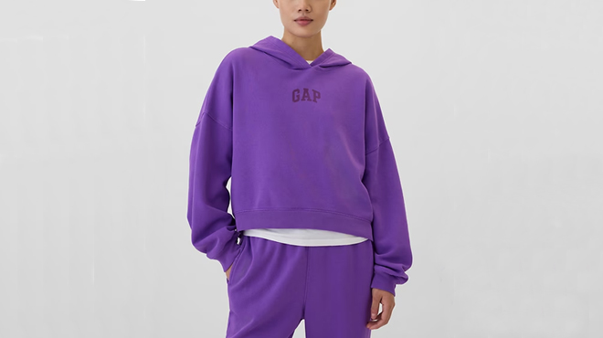 A person wearing a GAP Womens Mini Logo Cropped Hoodie