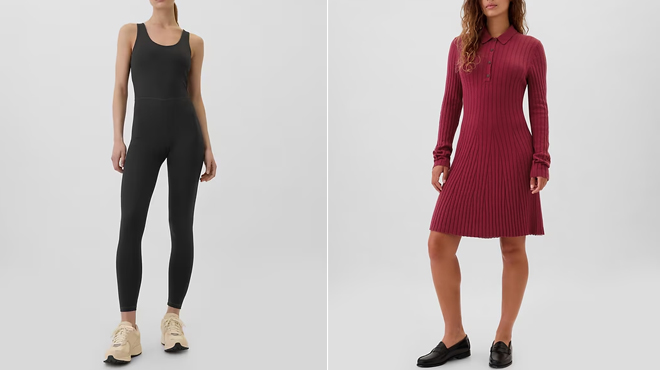 A person wearing a GAP Womens Studio Bodysuit on the left and GAP Womens Polo Sweater Mini Dress on the right