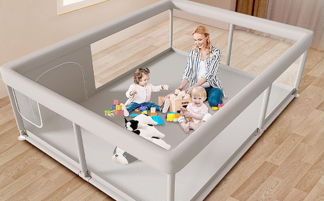 An Adult and Two Babies in a Hiaksedt Baby Playpen