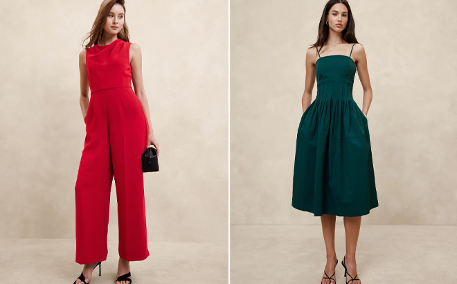 Banana Republic Factory Cowl Neck Jumpsuit and Pleated Taffeta Midi Dress