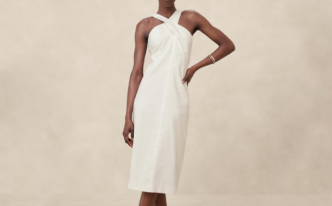 Banana Republic Factory Linen Midi Womens Dress in White