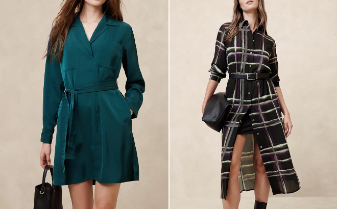 Banana Republic Factory Satin Twill Mini Shift Dress and Tie Waist Midi Shirt Dress