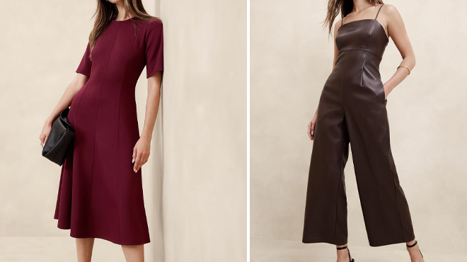 Banana Republic Factory Soft Touch Scuba Seamed Midi Dress and Vegan Leather Jumpsuit