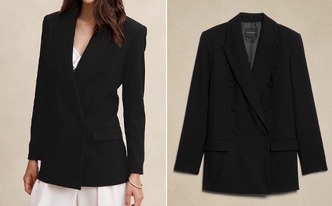 Banana Republic Factory Wool Blend Double Breasted Blazer in Black