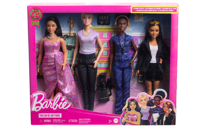 Barbie Careers Women in Film with 4 Dolls on a White Background