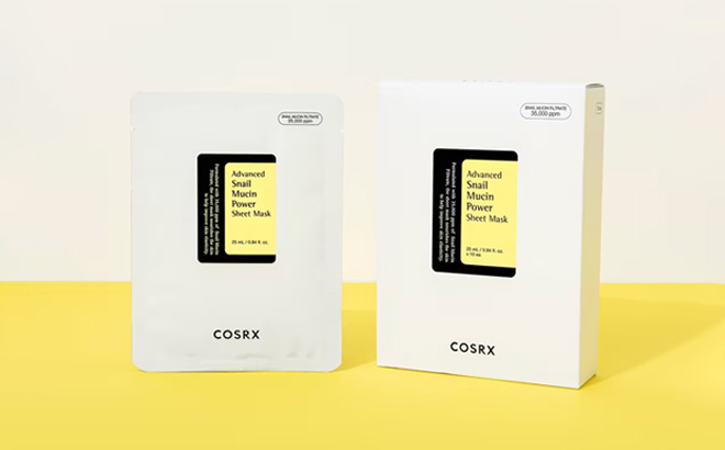 COSRX Snail Mucin Sheet Mask 10 EA with Snail Mucin Serum on the Yellow Table