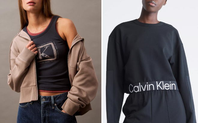 Calvin Klein Archive Logo Fleece Zip Hoodie and Cropped Crewneck Sweatshirt