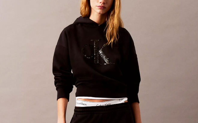 Calvin Klein Sequin Logo Cropped Hoodie