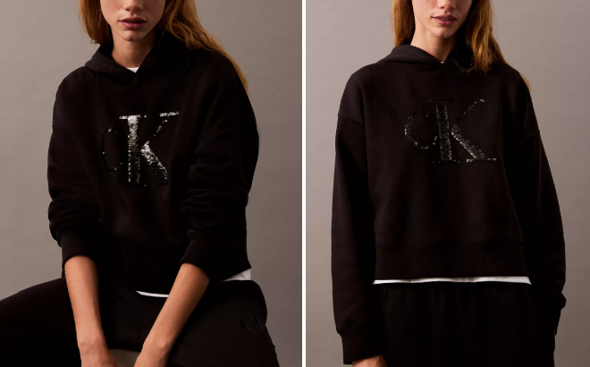 Calvin Klein Sequin Monogram Logo Cropped Hoodie