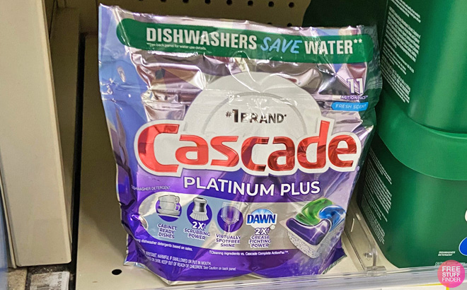 Cascade Platinum Plus Dishwasher Pods on a Shelf