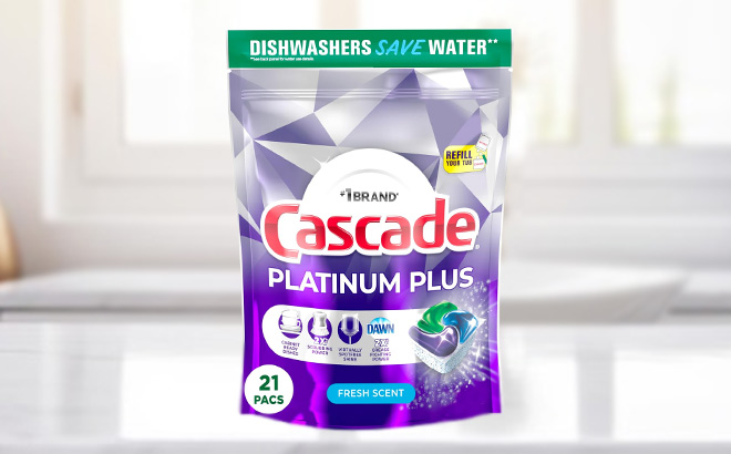 Cascade Platinum Plus Dishwasher Pods on a Table