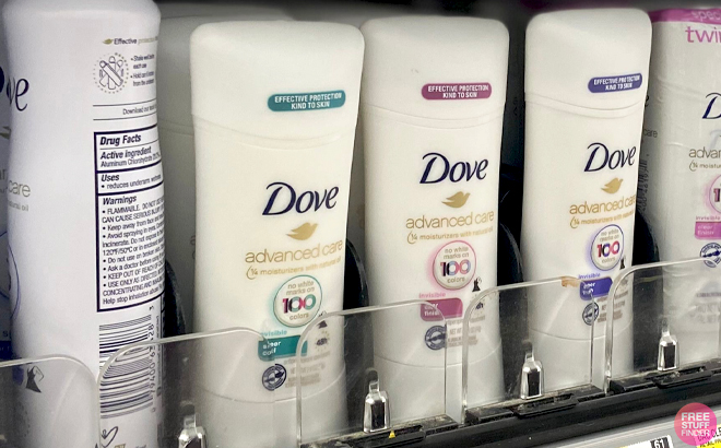 Dove Advanced Care Deodorant Sticks on a Shelf