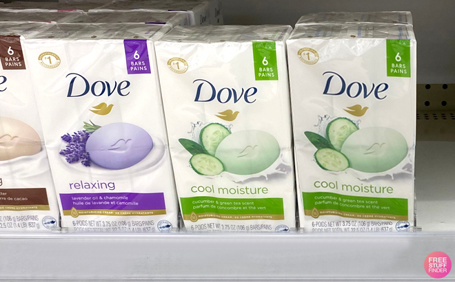 Dove Cucumber and Green Tea Soap Bar 6 Pack on a Shelf