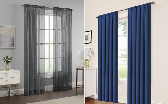 Eclipse Emina Sheer Rod Pocket Single Curtain Panel and Eclipse Macklin Energy Saving Blackout Rod Pocket Single Curtain Panel