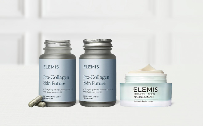 Elemis Pro Collagen Marine Cream Supplements on the Table