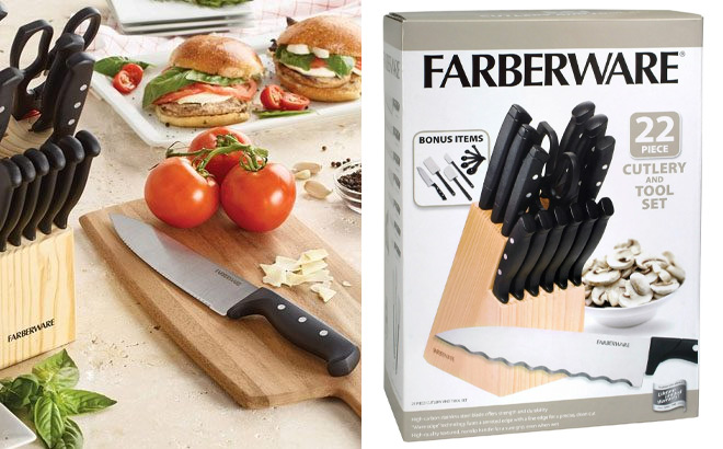 Farberware 22 Piece Never Needs Sharpening Stainless Steel Knife Set with Block Black