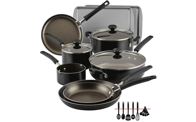 Farberware Easy Clean 22 Piece Nonstick Aluminum Pot and Pan Set in Black