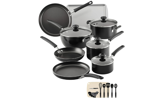 Farberware Easy Clean 24 Piece Aluminum Nonstick Cookware Pots and Pans Set in Black