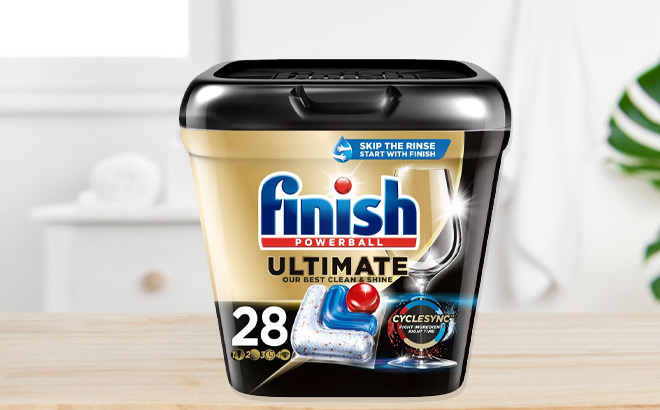 Finish 28 Count Ultimate Dishwasher Detergent Tabs on a Table