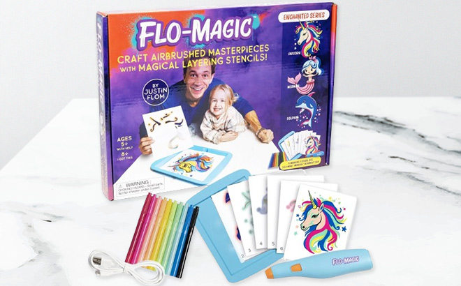 Flo Magic Kids Enchanted Series Airbrush Marker Kit 25 Piece Kit on the Table