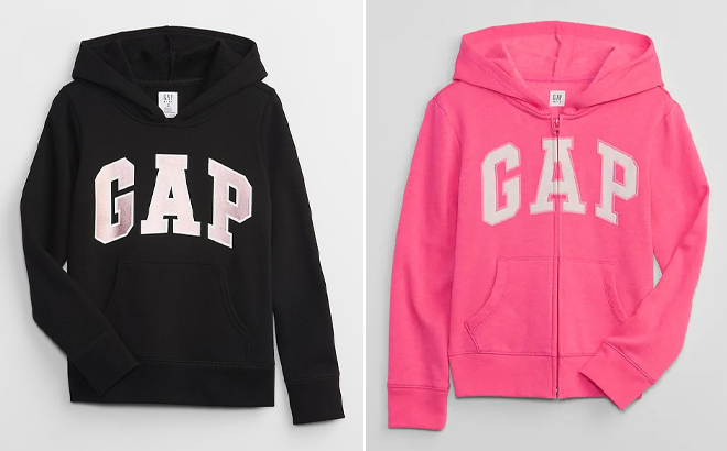 GAP Factory Kids Gap Logo Hoodie in Black and Kids Gap Logo Zip Hoodie in Pink