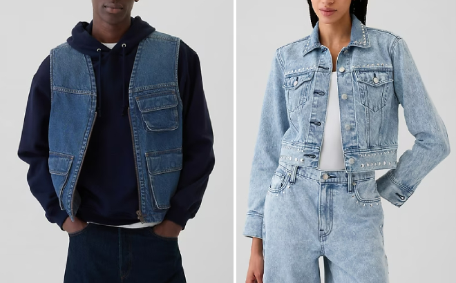 GAP Utility Denim Vest and Cropped Studded Icon Denim Jacket