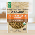 Good Sense 6 Ounce Roasted Salted Organic Pumpkin Seeds Bag on a Table