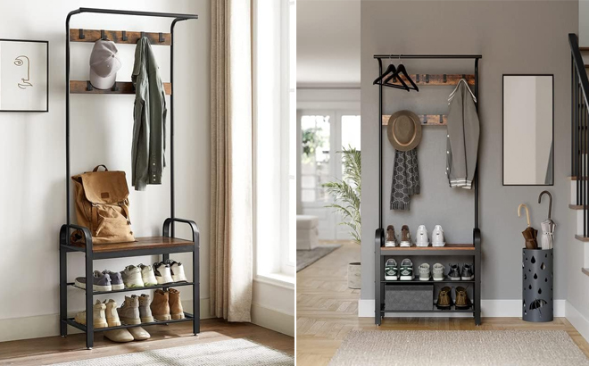 Hall Tree with Shoe Bench for Entryway Black and Brown