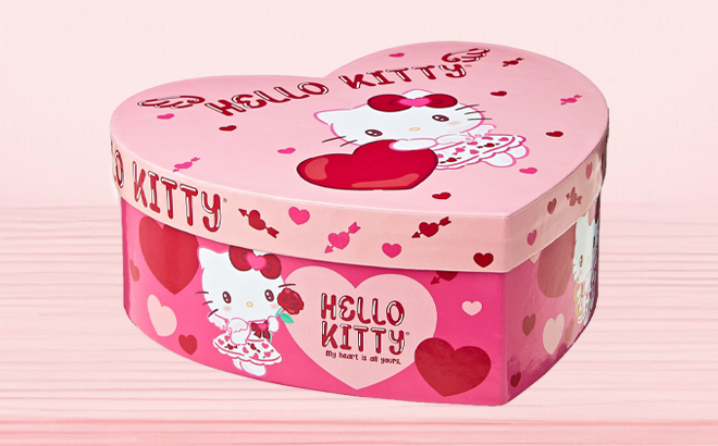 Hello Kitty Heart Box Valentines Gift Set on a Table