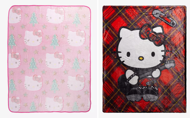 Hello Kitty Holiday Glitter Throw Blanket and Hello Kitty Punk Plaid Throw Blanket