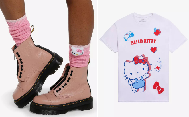 Hello Kitty Pink Plush Slouch Socks and Icons Relaxed Fit Girls T Shirt