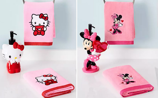 Hello Kitty and Minnie Mouse Valentines Hand Towel and Lotion Pump Set