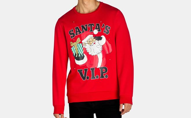 Holiday Time Christmas Santa VIP Lightup Crewneck Fleece Sweatshirt