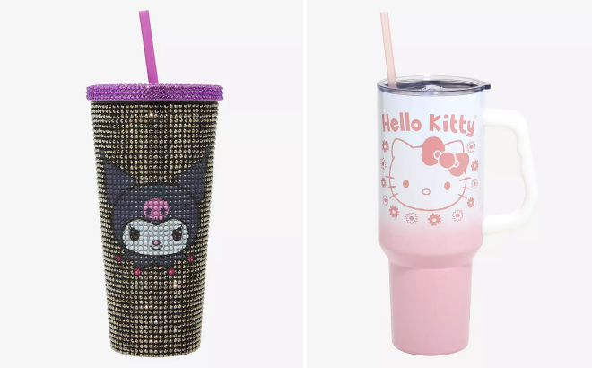 Kuromi Rhinestone Acrylic Travel Cup and Hello Kitty Flowers Ombre Stainless Steel Travel Cup