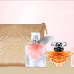 Lancome 3 Piece Fragrance Set with Bag on a Table