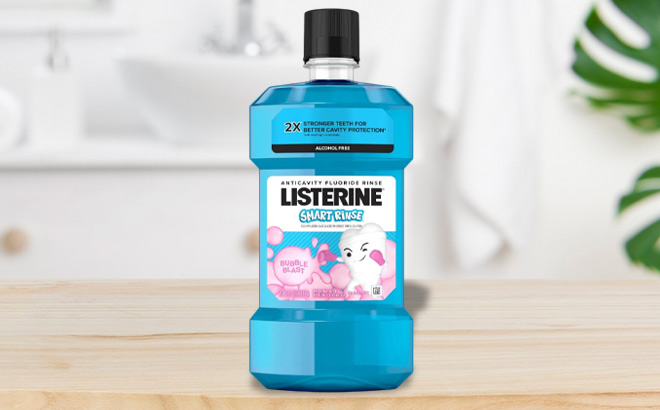 Listerine Smart Rinse Kids Anticavity Mouthwash Bubble Blast on a Table