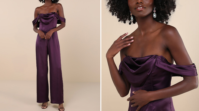 Lulus Satin Off the Shoulder Jumpsuit in Dark Purple Color